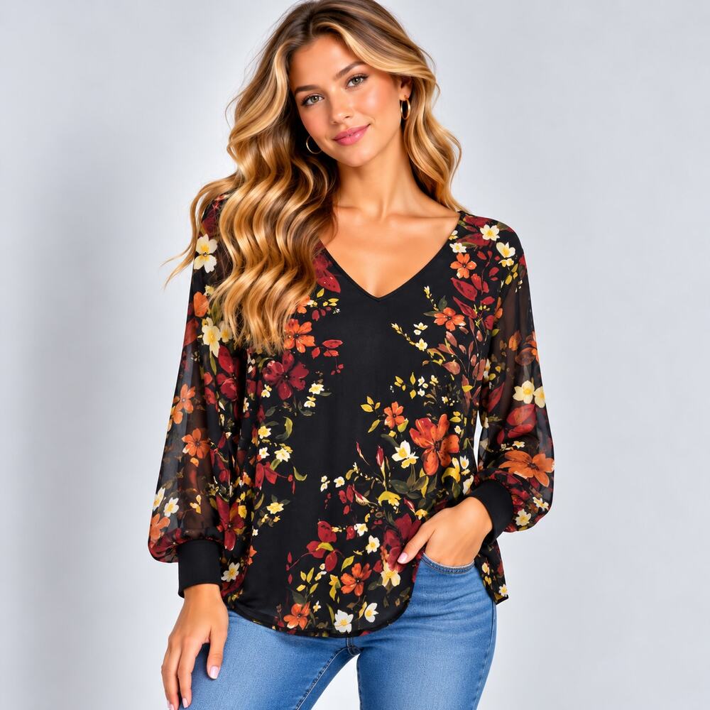 Susan Graver Liquid Knit Blouse Women's Size L Black Floral Sheer Sleeves Office